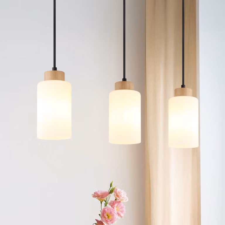 Globo Lampada a sospensione Rowena, dimmerabile, Legno chiaro, Soggiorno / Sala da pranzo, Vetro, Lampada a sospensione