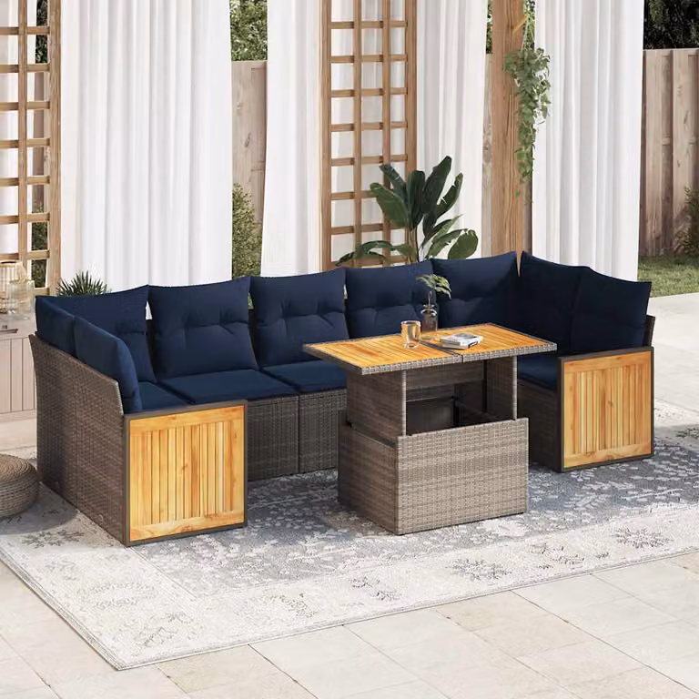 Set Divano da Giardino vidaXL 8 Pezzi in Polyrattan e Legno di Acacia con Cuscini e Tavolino, Grigio e Blu