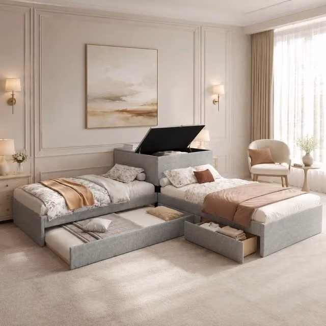 Letto angolare con due letti singoli estraibili, struttura imbottita in lino grigio 90x200 cm senza materasso con spazio contenitivo