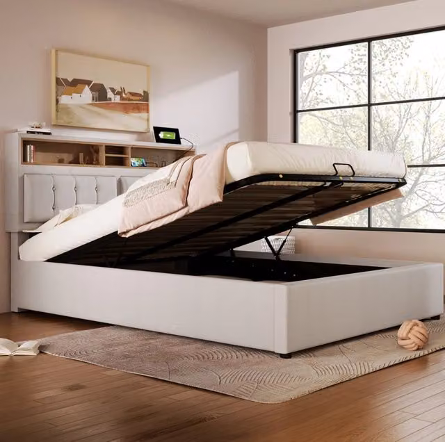 Letto matrimoniale moderno MODFU con contenitore a sollevamento, testiera con mensola e porte USB, beige, L/P: 140 x 200 cm