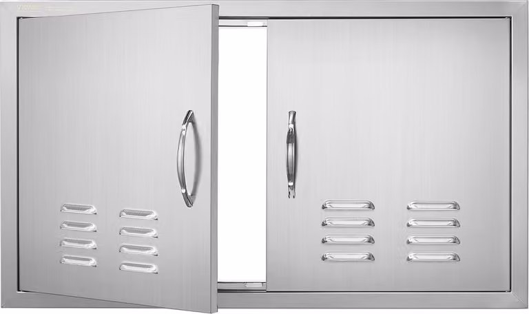 Porta di accesso al barbecue, 914 x 534 mm, Doppia porta per cucina esterna, Porta in acciaio inox a incasso, Porta verticale a parete con maniglie e fessure di ventilazione, per isola barbecue, stazione barbecue, mobile esterno