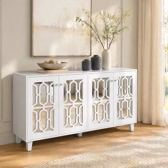 Credenza moderna REDOM bianca con 4 ante e superficie a specchio in MDF L: 160 cm, P: 40 cm, H: 84 cm