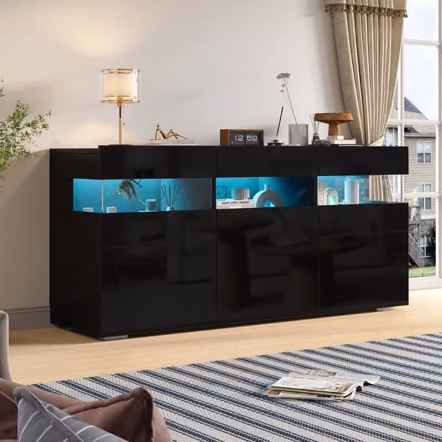 Credenza e madia LED con 3 ante e 7 vani, finitura lucida per soggiorno, in truciolare, nero, 140 × 40,5 × 66,5 cm