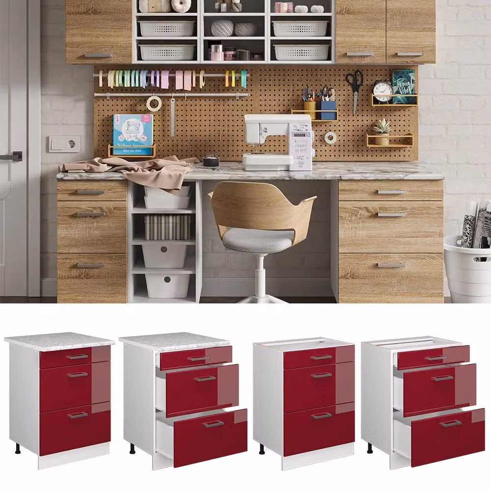 Base universale Vicco R-Line rossa lucida con cassetti, senza piano di lavoro, L: 60 cm – 2