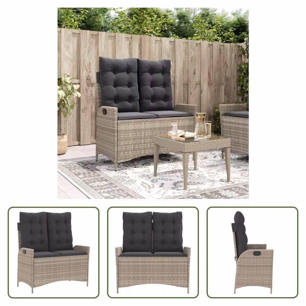 The Living Store Panca da giardino regolabile con cuscino Grigio chiaro in Poly Rattan