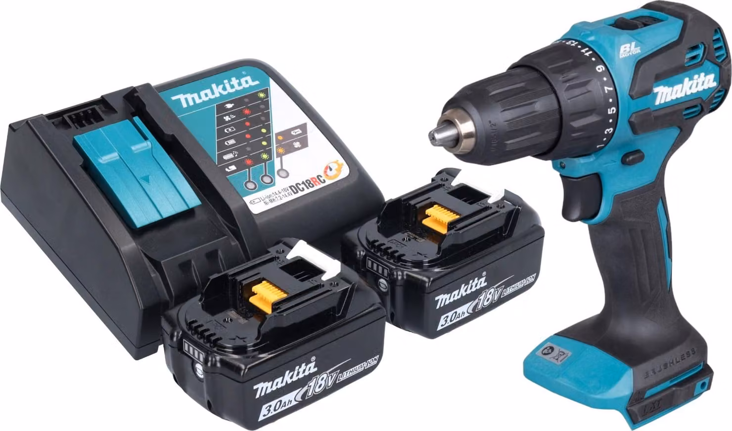 Makita DHP 490 RF Trapano avvitatore a percussione a batteria 18 V 65 Nm Brushless + 2x batteria 3,0 Ah + caricabatteria