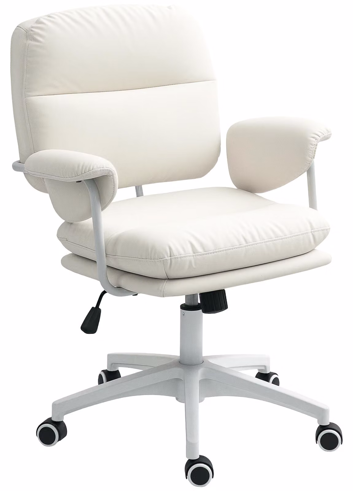 Sedia da ufficio Moonbite con funzione di inclinazione, regolabile in altezza da 49 a 59 cm tramite pistone a gas, imbottitura doppia, rotazione a 360°, ruote silenziose, portata massima 120 kg, rivestita in ecopelle, colore bianco