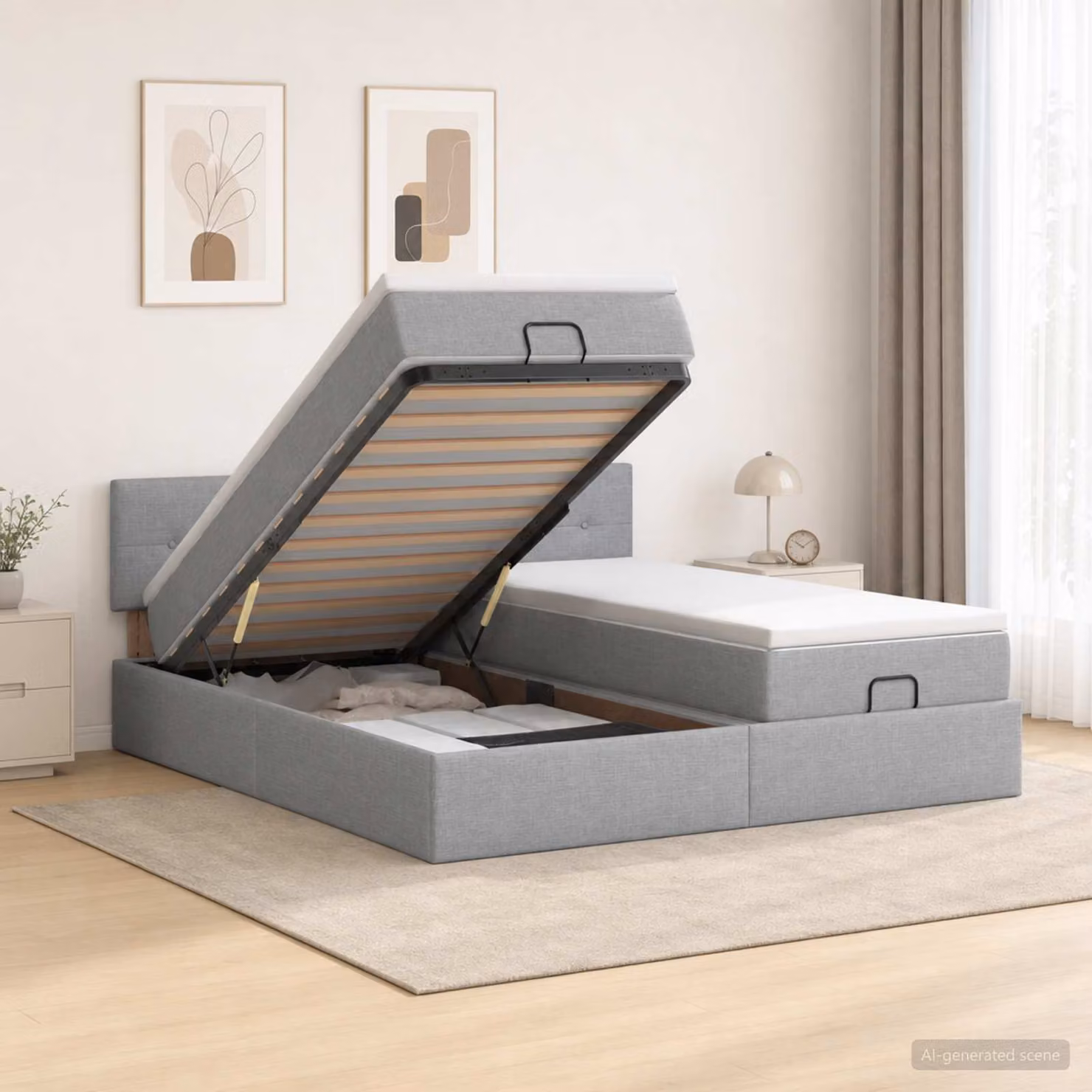 Letto ottomano con materasso vidaXL in tessuto grigio e bianco, L/P/H: 180 x 200 x 88 cm