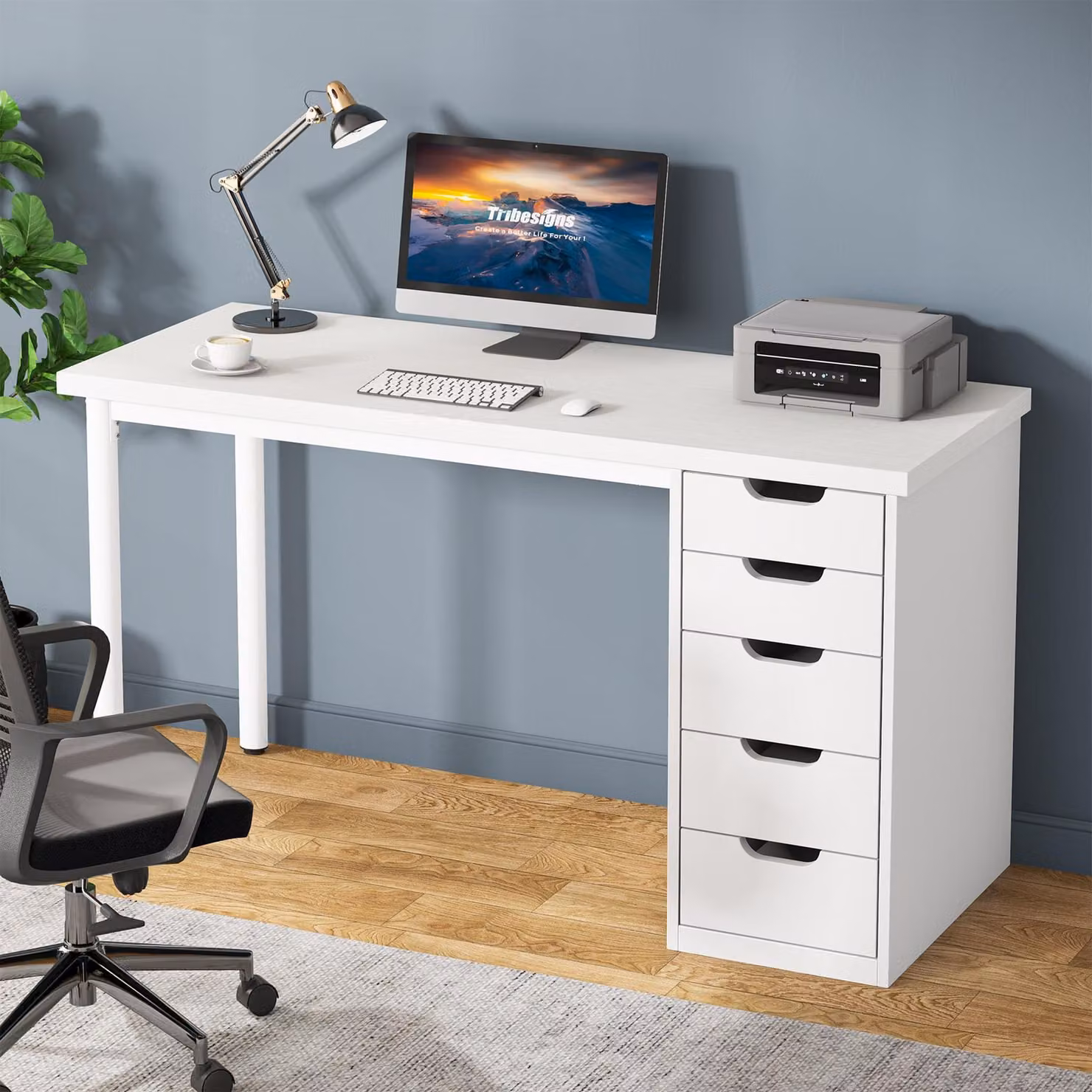 Scrivania per computer con 5 cassetti, bianca, moderna e minimalista, con struttura in metallo, ideale per l'ufficio domestico