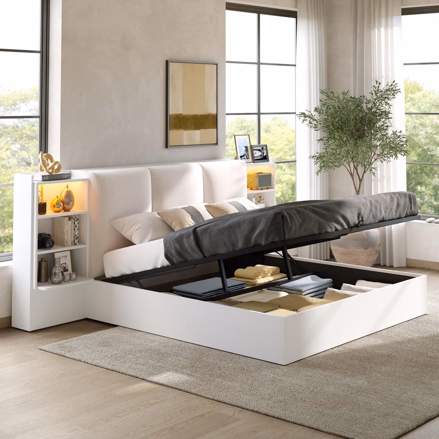 Letto a piattaforma 180x200, con testiera imbottita, 6 vani contenitori, spazio contenitore idraulico, luci LED (bianche)