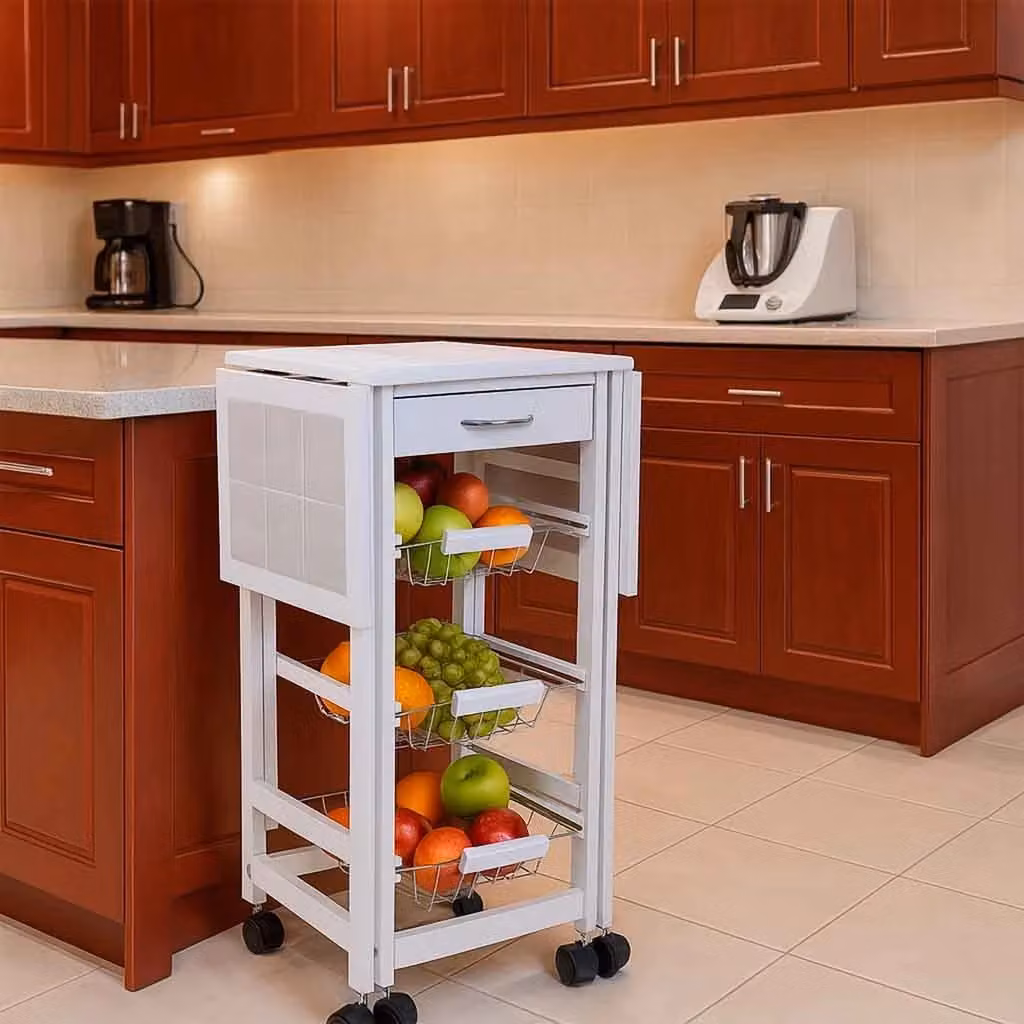 Carrello da cucina moderno Wanderlust Deco in legno di pino bianco laccato con ruote e piano estensibile L/P/H: 91 x 37 x 79 cm – 2