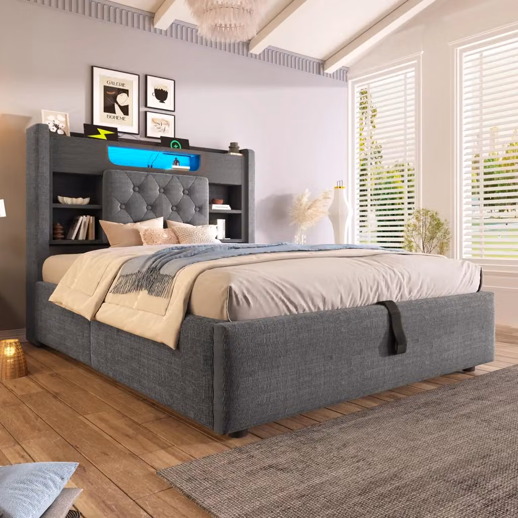 Letto Contenitore REDOM in Lino Grigio con Illuminazione LED, Porta USB e Ripiano Integrato, L/P: 90 x 200 cm – 2