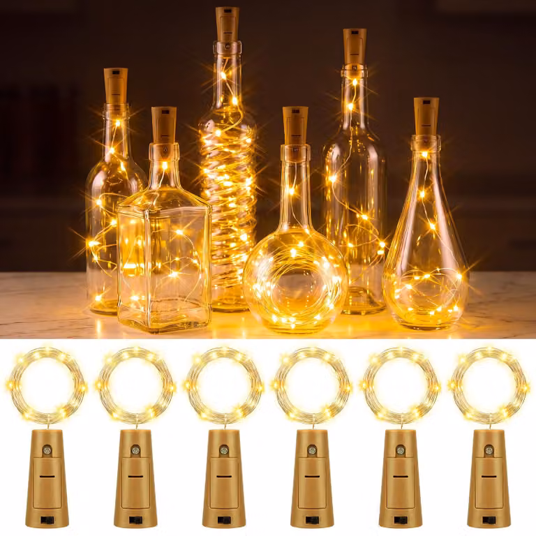 Set di 6 catene luminose a LED, lunghezza 2 metri, 20 LED, luce bianco caldo, alimentazione a batteria