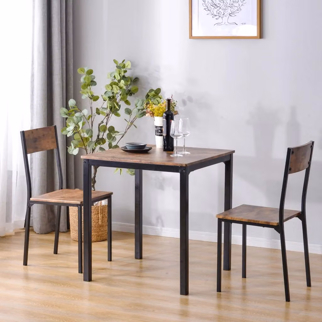 Set Tavolo da Pranzo e 2 Sedie Minimal in Legno e Metallo Marrone per Cucina, Balcone o Sala da Pranzo, L/P/H: 70 x 70 x 75 cm – 2