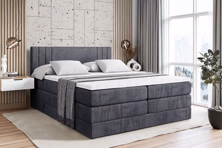 Letto boxspring ALTDECOR con 2 materassi e topper - 180x200 cm - IDRIKO KING - Velluto grigio scuro - Letto imbottito con materassi H3 e H4, contenitore e rete a doghe, letto con spazio contenitivo