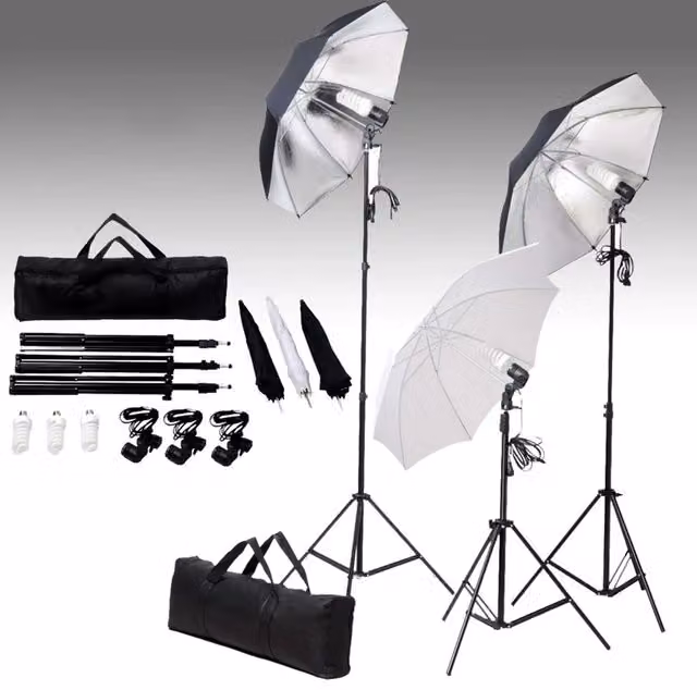Kit per Studio Fotografico Professionale con Set di Luci, Treppiedi e Fondali in Tessuto Bianco e Argento CFW9959675