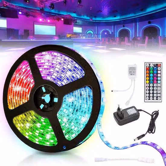 Strisce LED RGB da 3 metri, 5050 SMD – 90 LED – Dimmerabili e autoadesive, con telecomando – con connettore per batteria