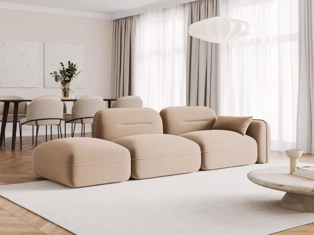 Divano modulare sinistro Sydney a 3 posti Cosmopolitan Design in velluto color sabbia L 295 cm x P 70 cm x H 94 cm – 2