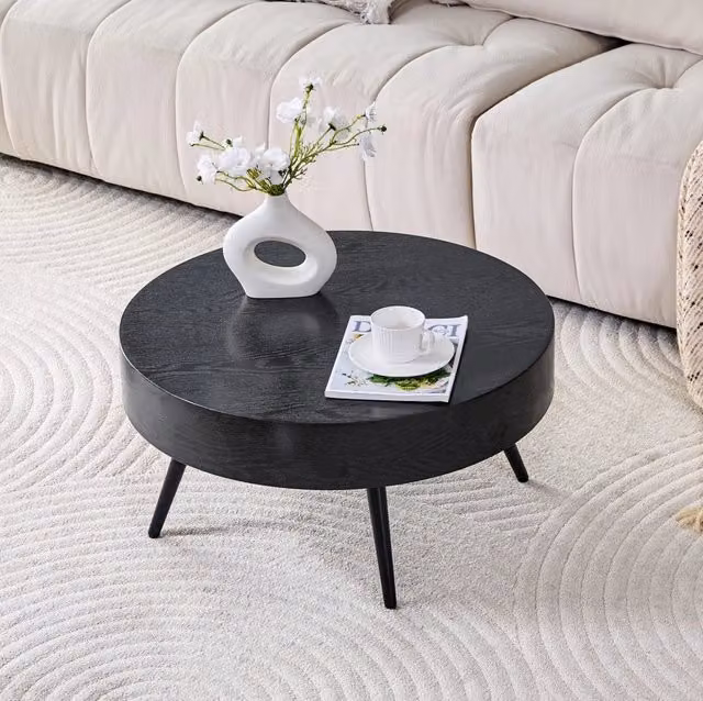 Tavolino basso rotondo 70 cm nero in MDF con gambe in metallo regolabili