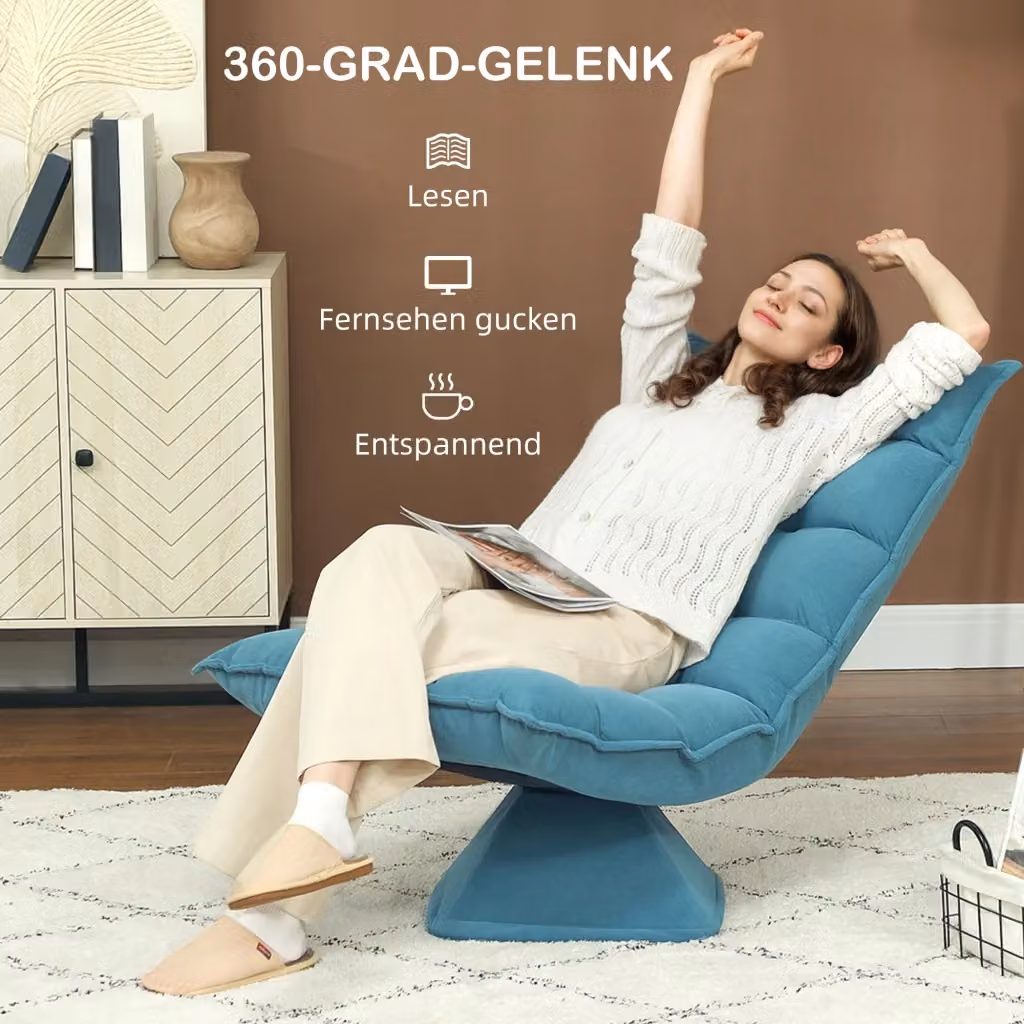 Poltrona relax girevole a 360 gradi WISHDOR in velluto blu con struttura in metallo e schienale reclinabile – 2