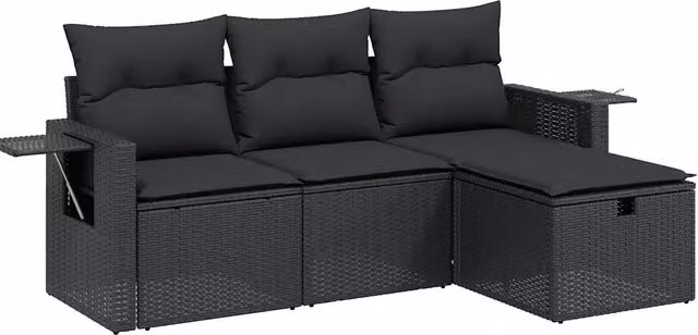 Set Salotto da Giardino Outsunny a Forma di L in Polyrattan Nero con 4 Pezzi e Cuscini Imbottiti