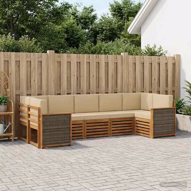 Set di divani da esterno vidaXL in legno di acacia con cuscini, composizione a L moderna, colore beige e marrone