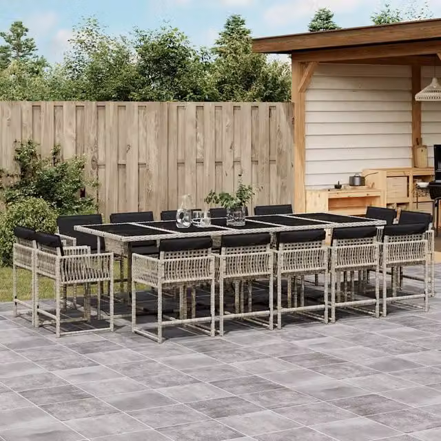 Set da pranzo da giardino vidaXL in polyrattan con cuscini e piano in vetro, 15 pezzi, grigio antracite