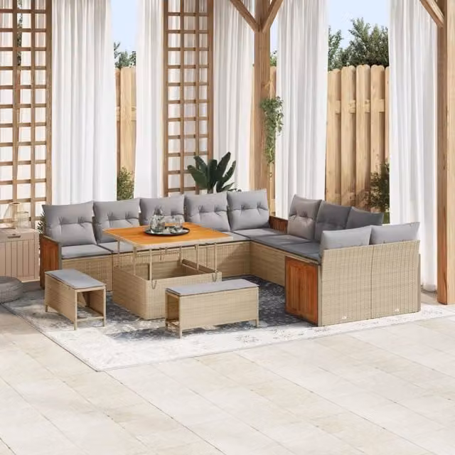 Set Divano da Giardino vidaXL a forma a U composto da 13 pezzi con cuscini beige e grigi, tavolo da caffè e pouf, struttura in acciaio verniciato a polvere e legno di acacia