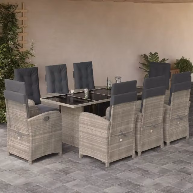 Set Pranzo da Giardino vidaXL in Polyrattan con Piano in Vetro e Cuscini, 9 Pezzi, Grigio e Nero