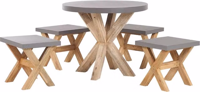 Set da giardino Beliani con tavolo rotondo e 4 sgabelli in cemento grigio e legno di acacia