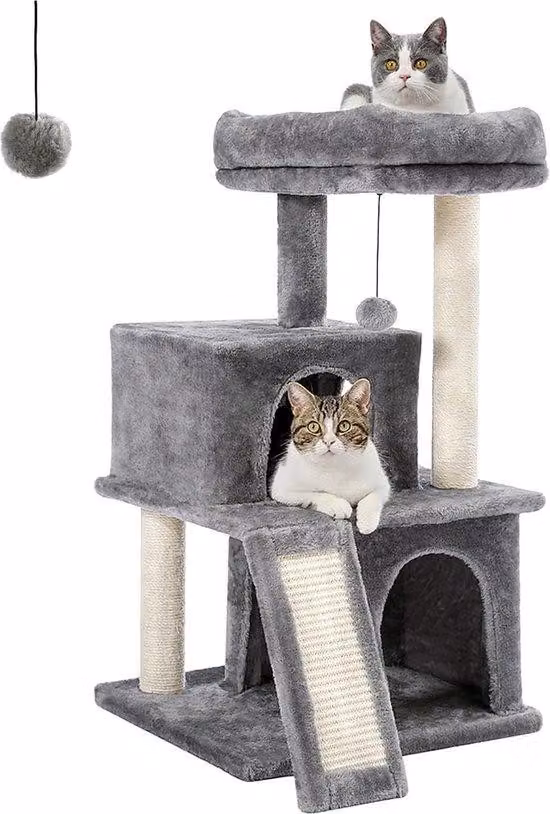 Famanu Kratzbaum - Poltrona in peluche con grotte e giocattoli per gatti, colore grigio