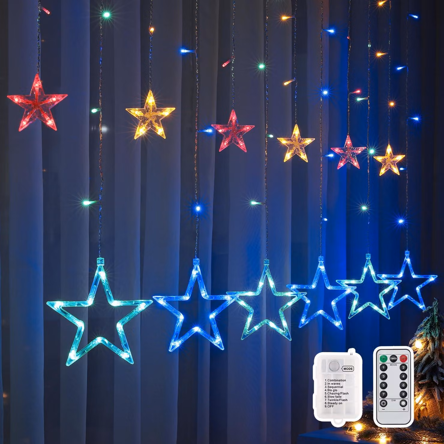 Tenda luminosa a LED, 2 metri, 138 stelle, multicolore, decorazione per finestre, uso interno
