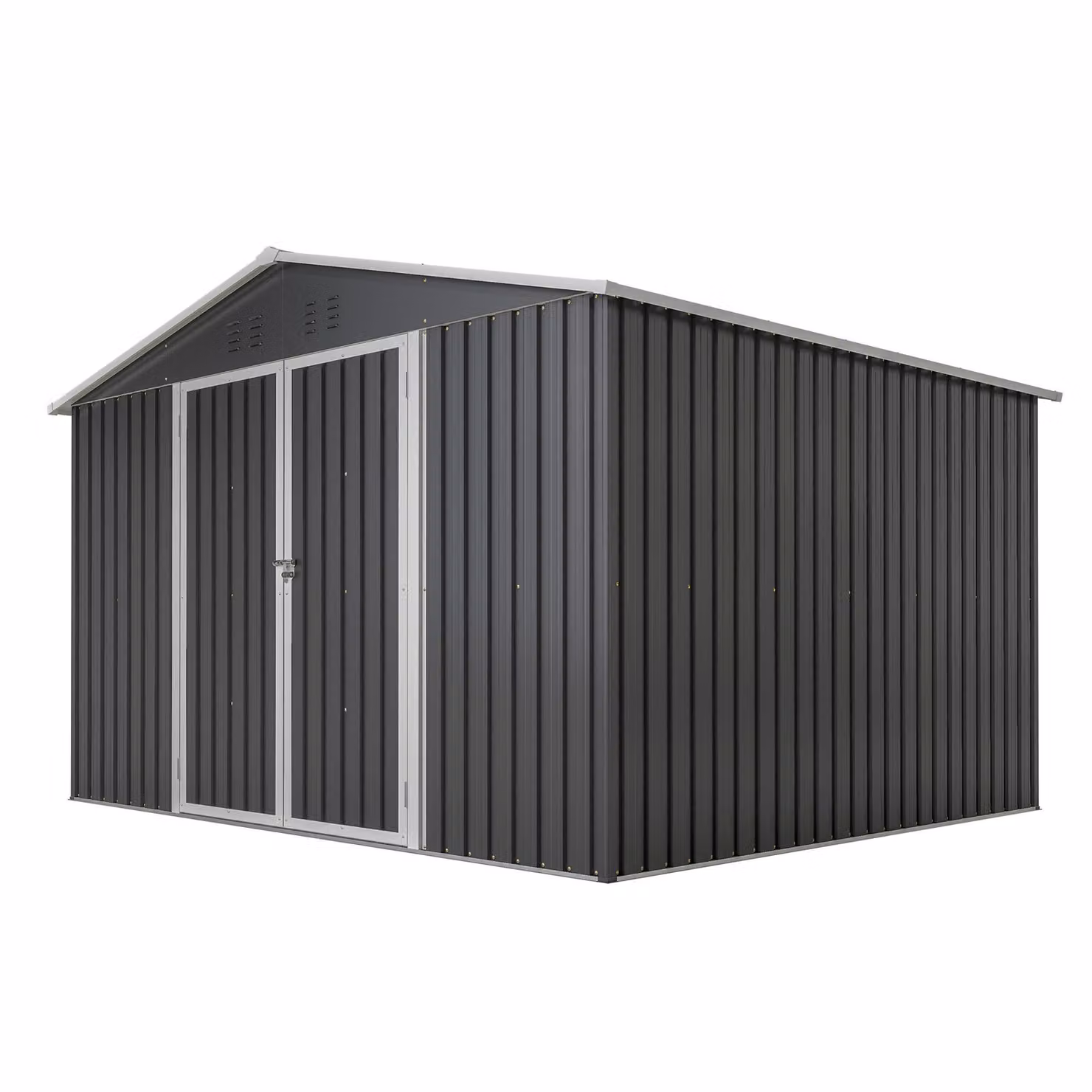 Edificio tecnico in metallo, dimensioni 300 x 252 x 191 cm, superficie 6,91 m², realizzato in lamiera d'acciaio zincata, dotato di 2 porte ad ante larghe con serratura, tetto a falde, sistema di ventilazione, ripiani e di colore nero
