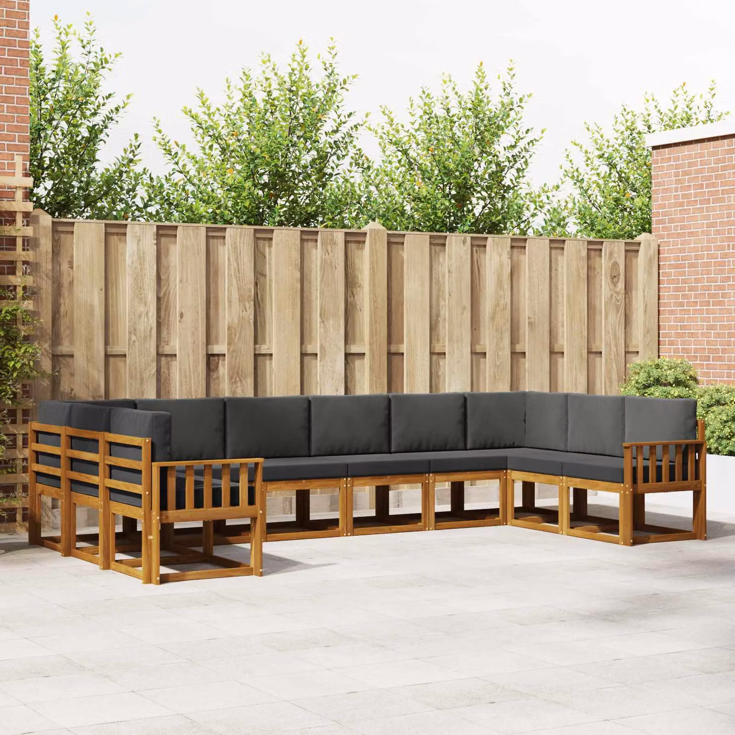 Set di divani da esterno vidaXL 10 pezzi in legno di acacia con cuscini, colore marrone e antracite, design moderno a forma di L per giardino e terrazza