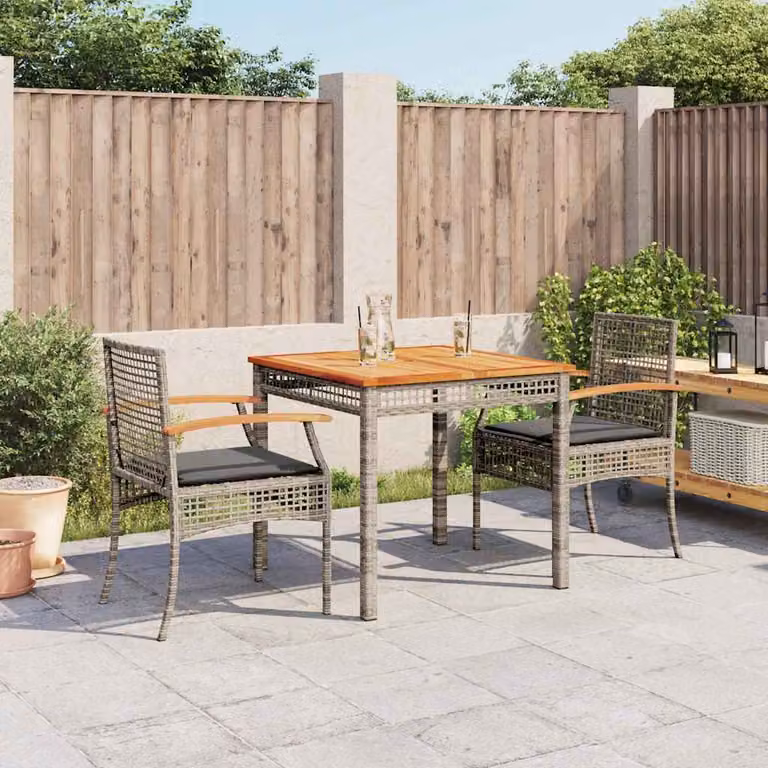 Set da Pranzo da Giardino vidaXL in Polyrattan e Legno di Acacia Grigio con 3 Sedute e Cuscini