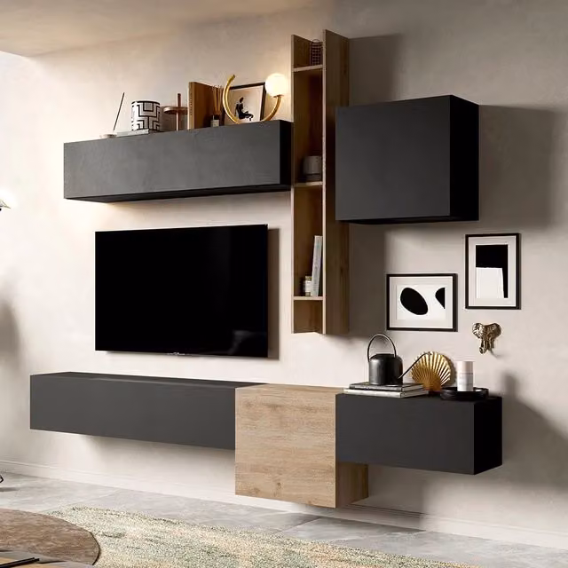 Parete Attrezzata Infinity 12 Redokasa Made in Italy con Mensola e Cubi, Design Moderno per Soggiorno, Sala da Pranzo o Cucina, Colore Cadiz/Lava – 1
