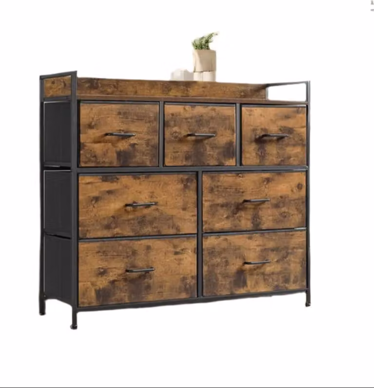 Comodino con 7 cassetti rivestiti in tessuto e maniglie – 98 x 28,5 x 85 cm
