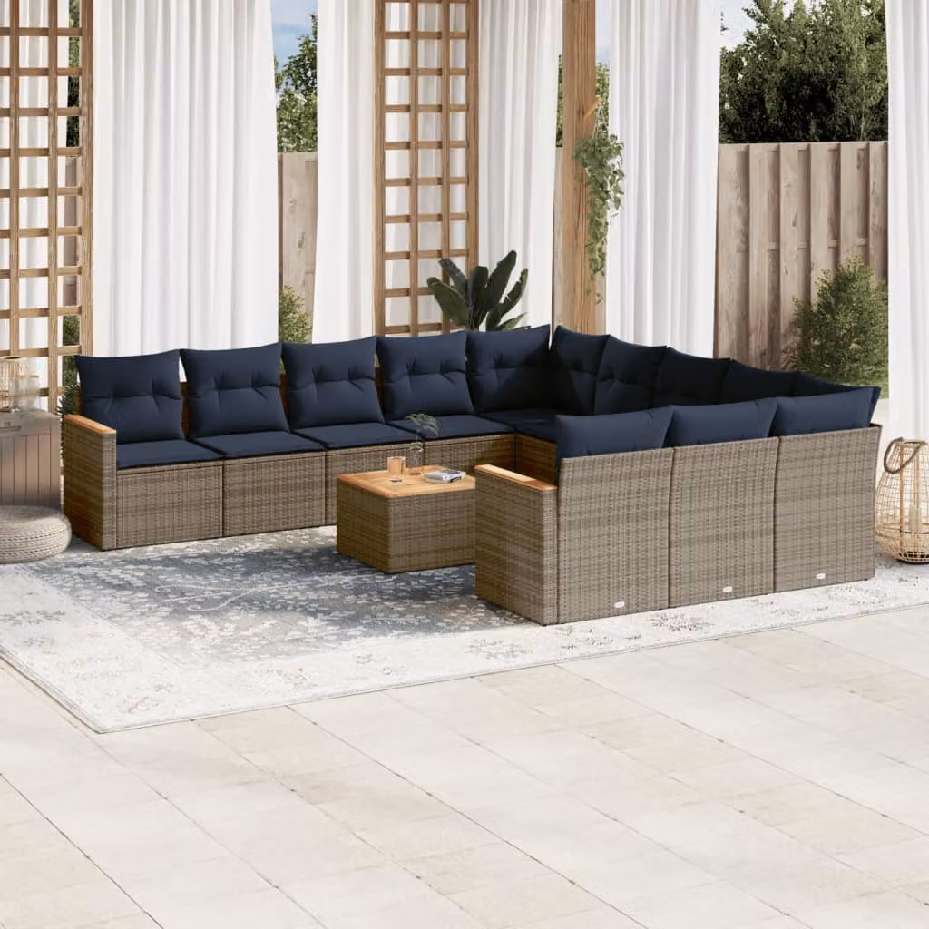 Set di divani da giardino vidaXL a forma di U con tavolino da caffè e cuscini, struttura in metallo e rattan con sedute in schiuma e coperture rimovibili, colore grigio e blu