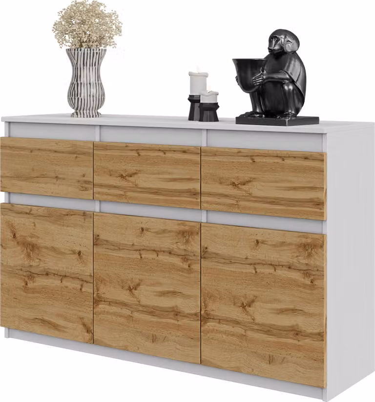 FURNICA - NOAH - Cassettiera / credenza con 3 cassetti e 3 ante - Bianco opaco / Rovere Wotan H75cm L120cm P35cm
