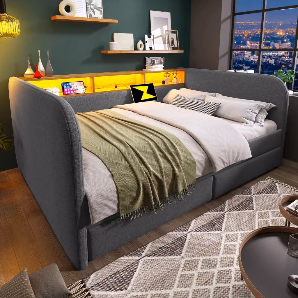 Letto imbottito moderno grigio con illuminazione LED, porta USB, mensola integrata e 2 cassetti L/P: 140 x 190 cm – 2