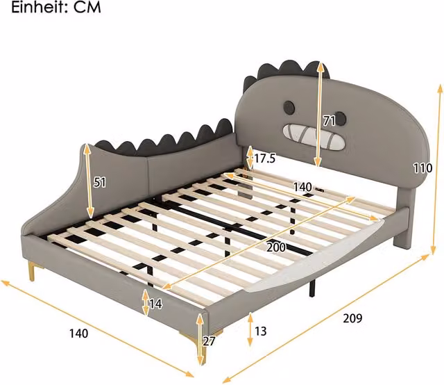 Letto per bambini dinosauri - Xylo - 140x200 cm - Grigio - Materiale PU