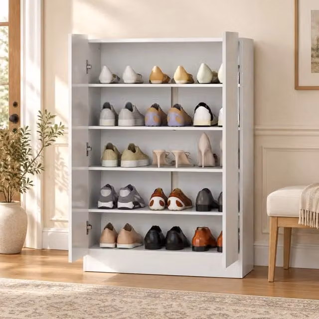 Scarpiera ULEVR 72x34,5x103 cm a 5 livelli con chiusura ammortizzata e aperture di ventilazione, bianca