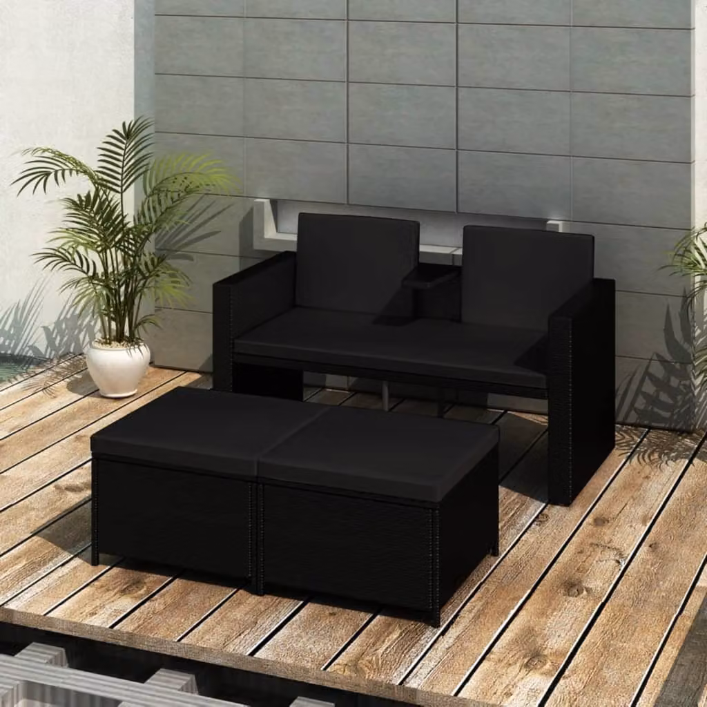 Maison Exclusive - Set da giardino 3 pezzi con cuscini in polyrattan nero