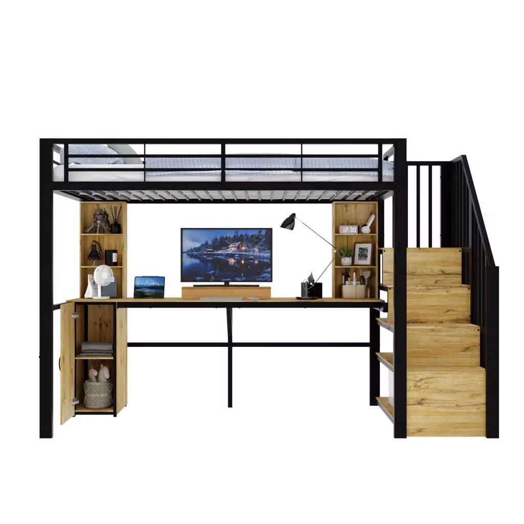 Letto a soppalco singolo nero con scrivania, armadio, ripiani, scala e porta USB, L/P: 90 x 200 cm – 2