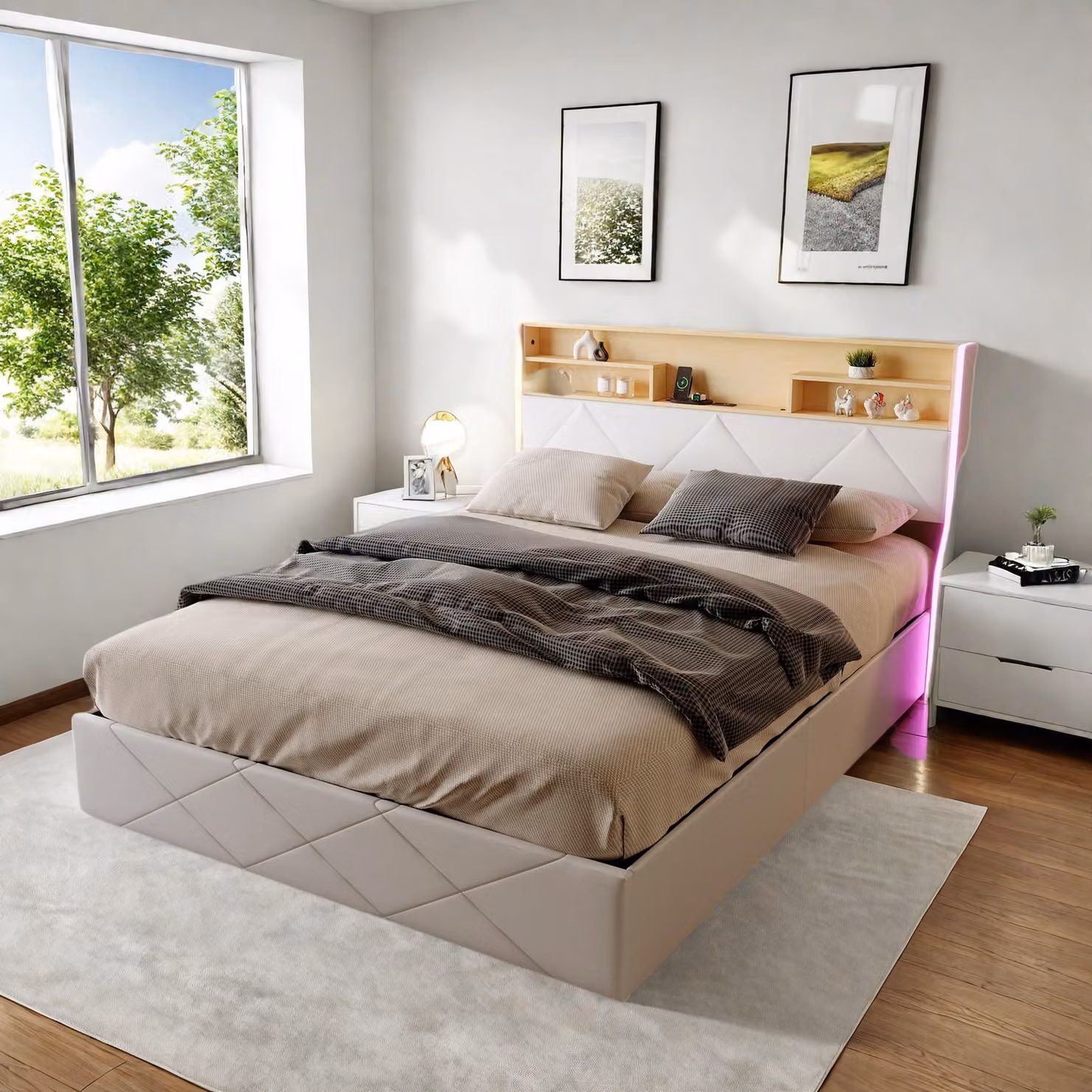 Letto imbottito Fortuna Lai 160x200 cm con contenitore a LED, contenitore idraulico, porte USB e testiera moderna in Finto cuoio, bianco, senza materasso