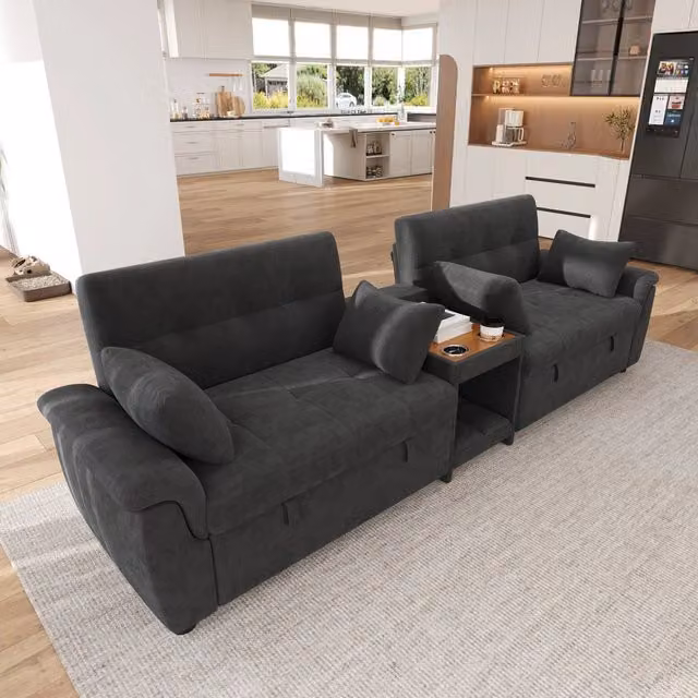 Divano letto 284x138x89 cm con doppio letto estraibile e schienale regolabile in ciniglia grigio scuro