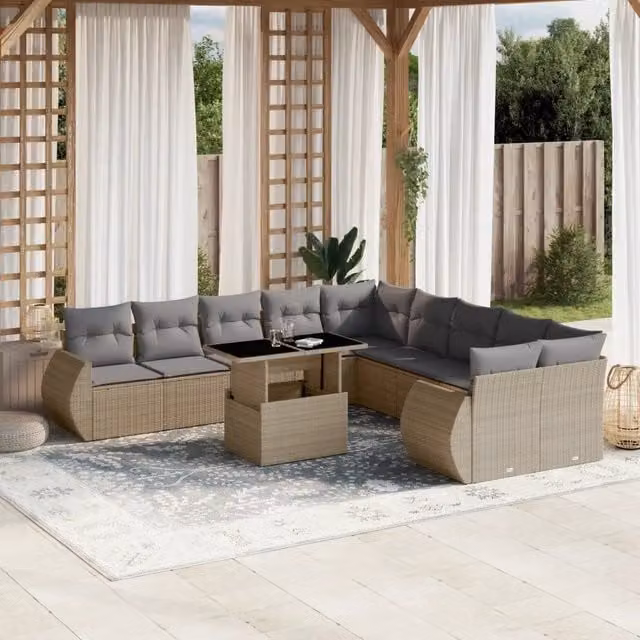 Set di Divani da Giardino vidaXL in Polyrattan con Cuscini Beige e Grigio, Composizione a L con Tavolino e 11 Pezzi
