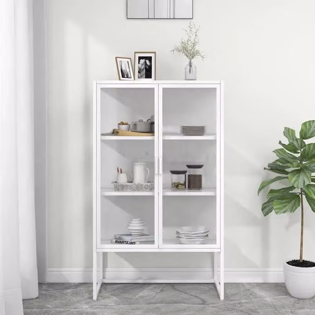 Credenza Alta Bianca 80x35x135 cm Acciaio e Vetro Temperato 335884