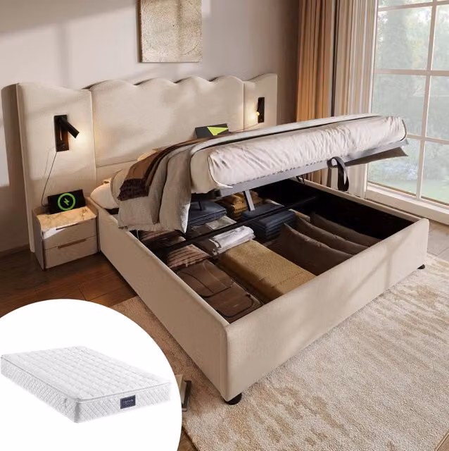 Letto contenitore 160x200 cm beige con luce e USB-C