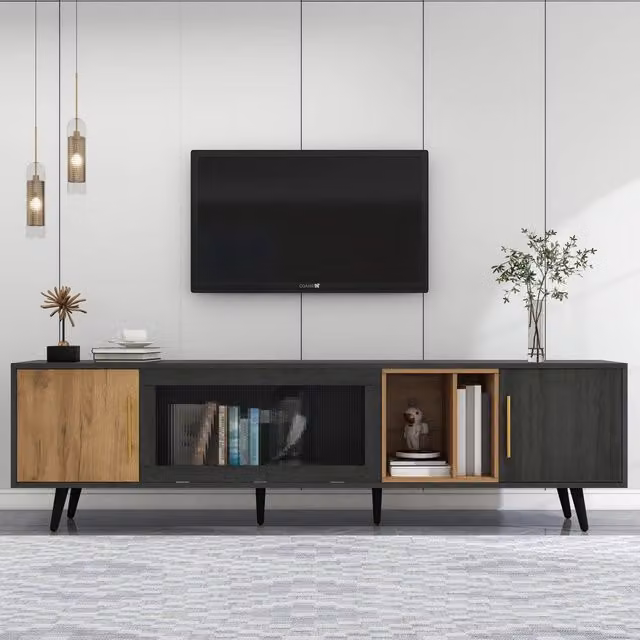 Mobile TV Mivray moderno in MDF grigio e marrone con anta ribaltabile in vetro e vano aperto, L/P/H: 200 x 40 x 55.5 cm